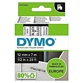 Dymo Cinta para etiquetado D1 (L x An: 7 m x 12 mm, Color presión: Negro, Color cinta: Transparente, Plástico)