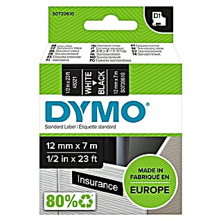 Dymo Cinta para etiquetado D1 (L x An: 7 m x 12 mm, Color presión: Blanco, Color cinta: Negro, Plástico)