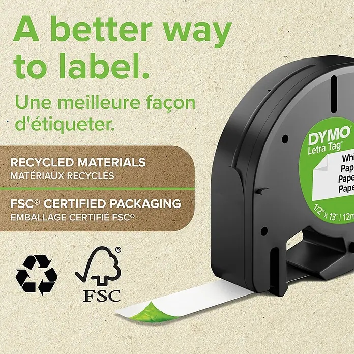 Dymo Cinta para etiquetado LetraTag - 4 m x 12 mm, Color presión: Negro, 3 ud. - Rollo de etiquetas de papel ecológico Dymo LetraTag con certificación FSC para un etiquetado sostenible.