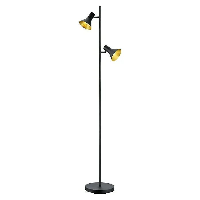 Reality Leuchten Nina Stehleuchte - 56 W, Höhe: 144 cm, Schwarz, Gold, E14 - Schwarze Stehlampe mit zwei verstellbaren Lampenschirmen, die innen golden sind. Elegantes Design für modernes Ambiente.