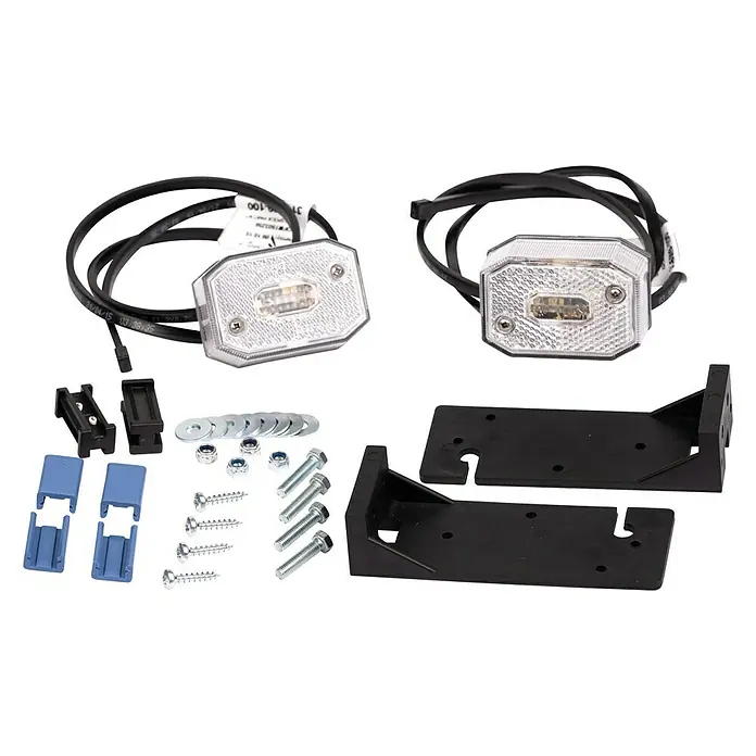 Stema Begrenzungsleuchte - Weiß, 2 Stk. - Nahaufnahme eines Kits mit LED-Leuchten, Halterungen und Befestigungselementen für die Fahrzeugbeleuchtung.
