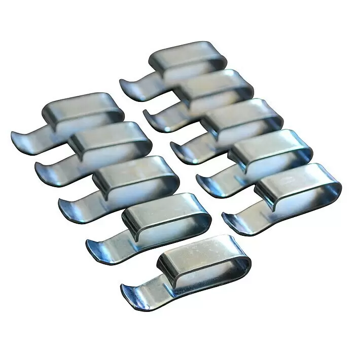 Stema Kabelklemme - 10 Stk. - Glänzende, metallische U-förmige Clips zur Befestigung von Kabeln oder Bauteilen.