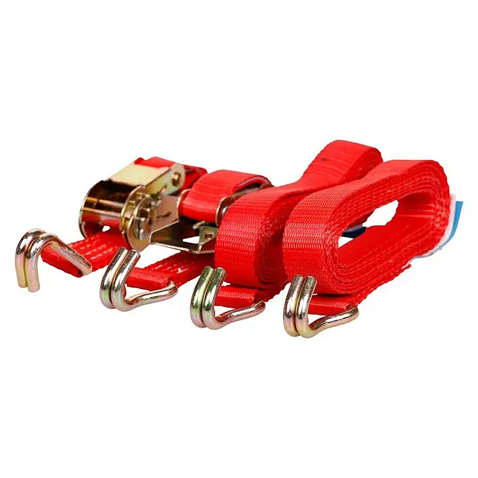 Stema Spanngurt mit Ratsche und Spitzhaken - 3 m x 2,5 cm, Belastbarkeit: 400 kg - Nahaufnahme von roten Spanngurten mit Metallschnallen und Haken, ideal zum Sichern von Ladung beim Transport.