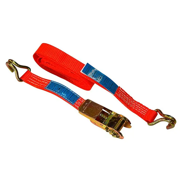 Stema Spanngurt mit Ratsche und Spitzhaken - 3 m x 2,5 cm, Belastbarkeit: 400 kg - Nahaufnahme von zwei leuchtend orangefarbenen Spanngurten mit robusten Metallratschen, die Ladung sichern.