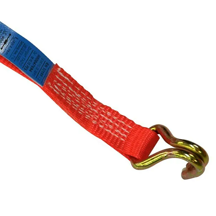 Stema Spanngurt mit Ratsche und Spitzhaken - 3 m x 2,5 cm, Belastbarkeit: 400 kg - Nahaufnahme eines rot-weissen Zurrgurts mit Metallhaken.