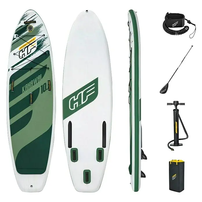 Bestway Hydro Force Paddle surf Kahawai - L x An x Al: 3,1 m x 86 cm x 15 cm, Carga útil: 140 kg, Hinchable - El conjunto de tabla de paddle surf Hydro Force Kahawai en verde y blanco incluye la tabla, el remo, la bomba, la correa y la bolsa de transporte.