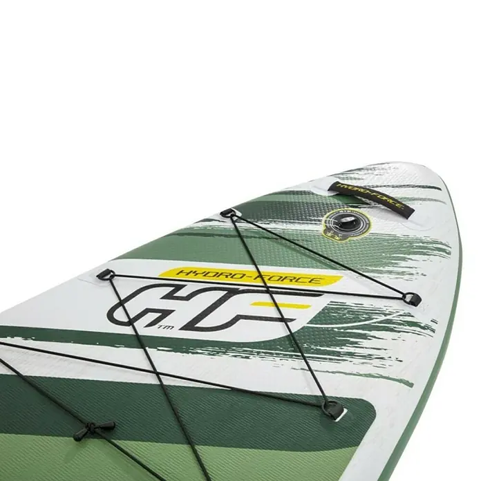 Bestway Hydro Force Paddle surf Kahawai - L x An x Al: 3,1 m x 86 cm x 15 cm, Carga útil: 140 kg, Hinchable - Primer plano de una tabla de paddle Hydro-Force con un diseño verde y blanco y correas negras.