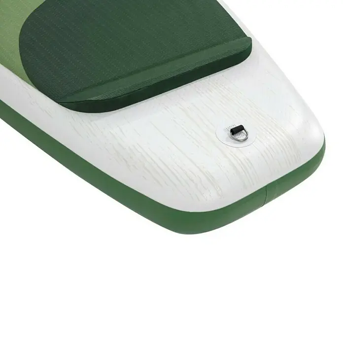 Bestway Hydro Force Paddle surf Kahawai - L x An x Al: 3,1 m x 86 cm x 15 cm, Carga útil: 140 kg, Hinchable - Primer plano de parte de una tabla de paddle surf hinchable blanca y verde con asa de transporte.