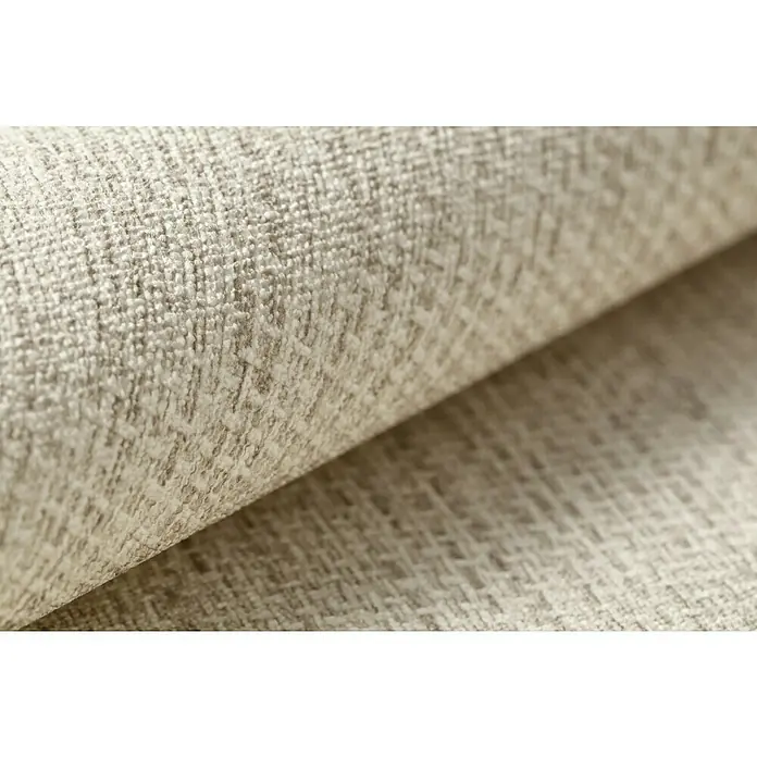 Rasch Kimono Vliestapete Muster - Beige, Uni, 10,05 x 0,53 m - Nahaufnahme eines Stoffes mit interessanter Textur. Das Material in neutralen Farben ist gewebt und hat eine auffällige Oberfläche.