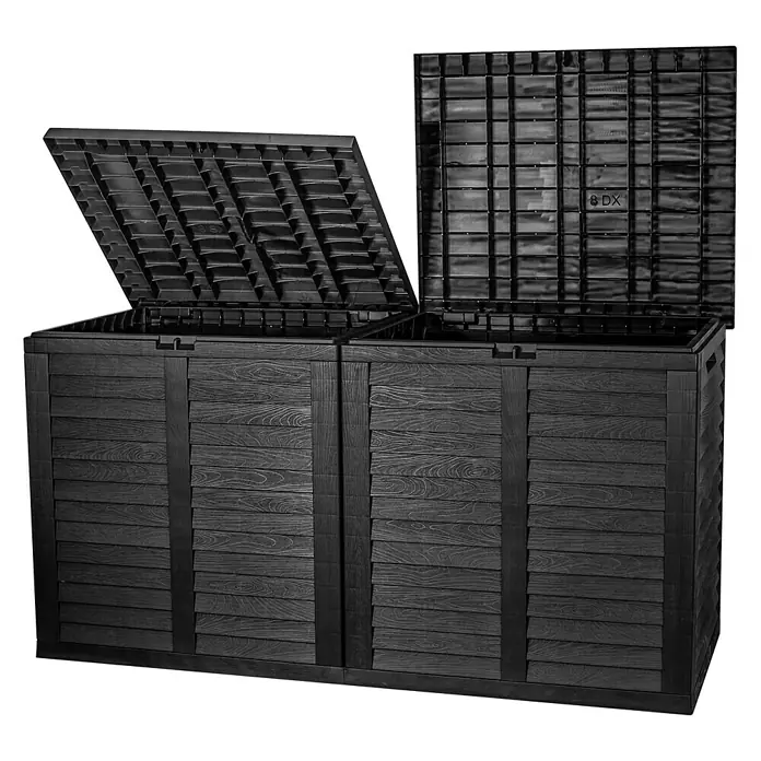 Jelenia Plast Arcón para cojines de exterior Viena - L x An x Al: 155 x 66 x 80 cm, Plástico, Antracita - La imagen muestra una espaciosa caja de almacenamiento de jardín negra con tapa abatible, ideal para guardar herramientas de jardín y artículos de exterior.