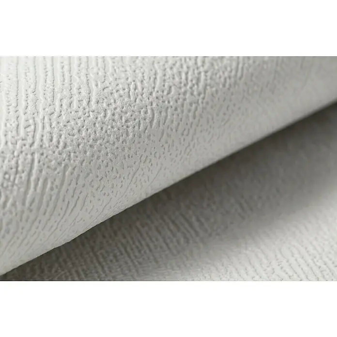 Rasch Vliestapete Deco Style - Grau/Silber/Schwarz, Uni, 10,05 x 0,53 m, Feine Struktur - Nahaufnahme einer Rolle weißer, strukturierter Tapete, die ein subtiles, aber elegantes Muster für die Inneneinrichtung bietet.