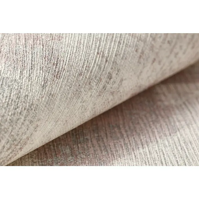 Rasch Hyde Park Vliestapete - Rosa/Grau, Grafisch, 10,05 x 0,53 m - Nahaufnahme eines hellen Teppichs mit feinen Texturen, der sich leicht wellt und ein subtiles, elegantes Muster zeigt.