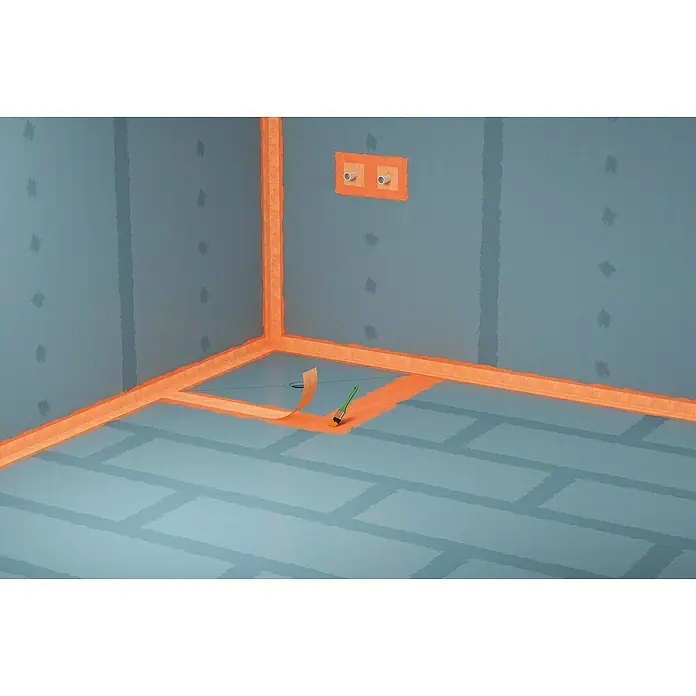 Fermacell Flüssigfolie - 5 kg - Das Bild zeigt eine abgedichtete Duschkabine, die mit einer orangefarbenen wasserdichten Beschichtung und einer Bürste versehen ist.