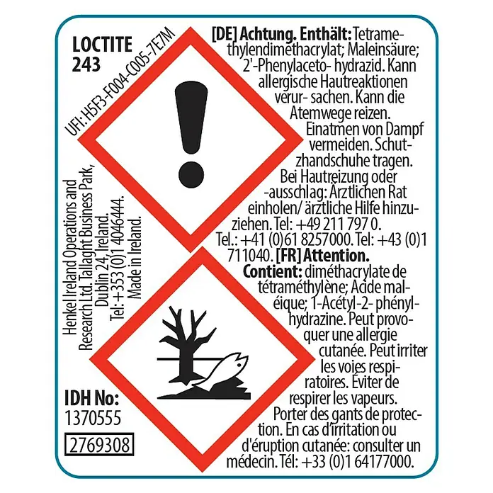 Loctite Spezialkleber Schraubensicherung 243 - 5 g - Etikett von LOCTITE 243, das Gefahrenhinweise, Inhaltsstoffe und Kontaktinformationen des Herstellers enthält.