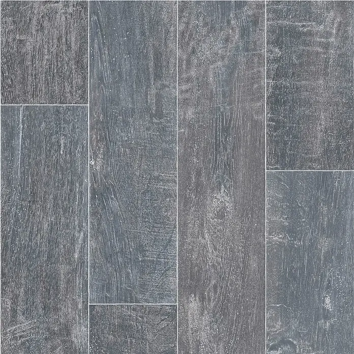 Beauflor PVC-Boden Meterware Hightex - 300 cm, Washed Oak, Blau/Braun - Nahaufnahme von grauen Keramikfliesen in Holzoptik, die ein modernes und elegantes Bodendesign zeigen.