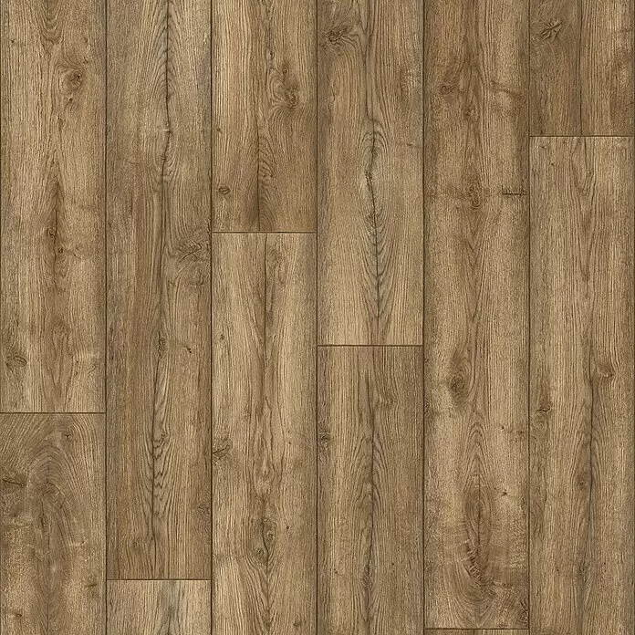 Beauflor PVC-Boden Meterware Atlantic - 400 cm, Antique Oak 606M, Braun - Brauner Laminatboden mit Holzmaserung, in Dielen verlegt.