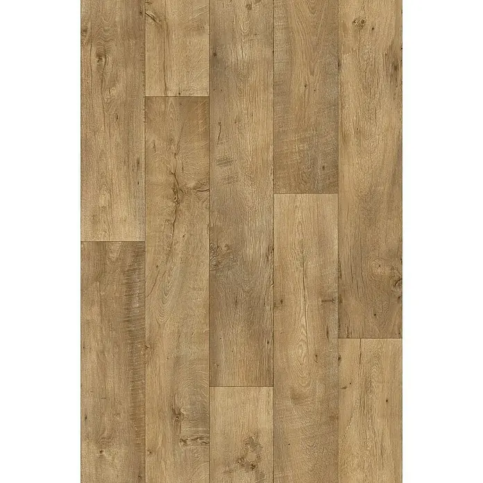Beauflor PVC-Boden Meterware Sherwood - 400 cm, Valley Oak, Braun - Nahaufnahme von Laminatboden in warmen Holztönen, der eine natürliche und rustikale Optik für Innenräume bietet.