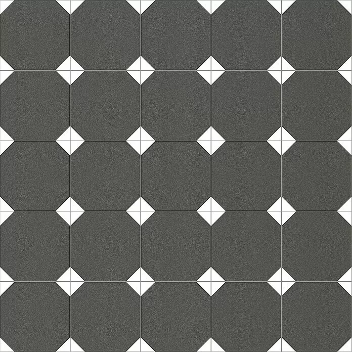 Beauflor PVC-Boden Meterware Tex-Style - 400 cm, Avondale, Schwarz/Grau - Dunkelgraue achteckige und weiße quadratische Bodenfliesen bilden ein Schachbrettmuster.
