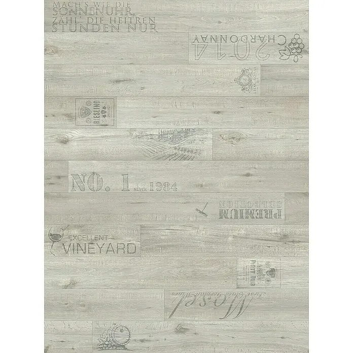 Beauflor PVC-Boden Meterware Plaza - 400 cm, Chardonnay, Grau - Bild von hellem Holzlaminat mit Weinmotiven, das eine warme und einladende Atmosphäre schafft.