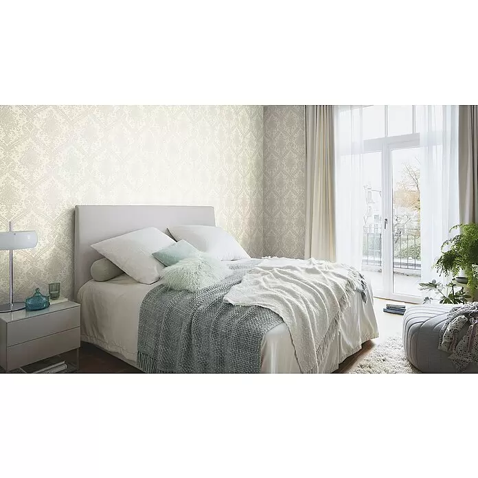 Rasch Saphira Vliestapete Barockornament - Weiß, Ornament, 10,05 x 0,53 m - Helle beige Tapete mit einem aufwendigen, subtilen Damastmuster an Schlafzimmerwänden.