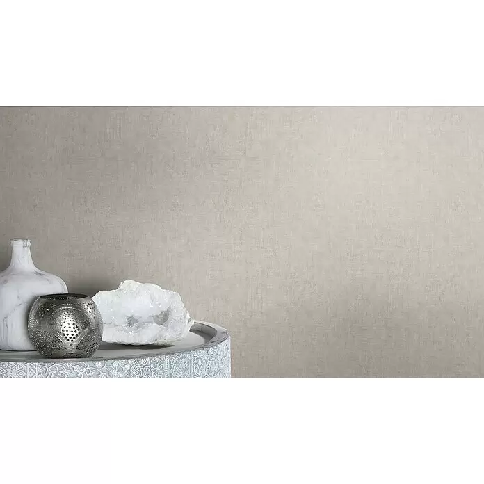 Rasch Factory 4 Vliestapete - Silber, Uni, 10,05 x 0,53 m - Texturierte, hellbeige Wandverkleidung mit subtiler Stoffoptik.