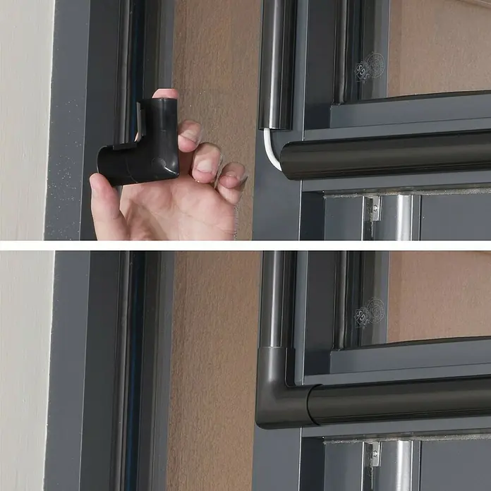 D-Line Kabelkanal Halbrund - 1 m, 30 x 15 mm, Schwarz - Detailaufnahme eines schwarzen Eckverbinders für Fenster oder Türen, sowohl in der Hand gehalten als auch montiert gezeigt.