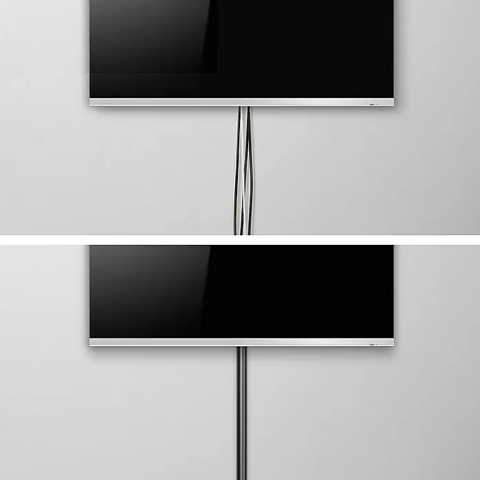 D-Line Kabelkanal Halbrund - 1 m, 30 x 15 mm, Schwarz - Schwarzer Kabelkanal für TVs, der saubere Kabelorganisation im Gegensatz zu unordentlichen Kabeln zeigt.