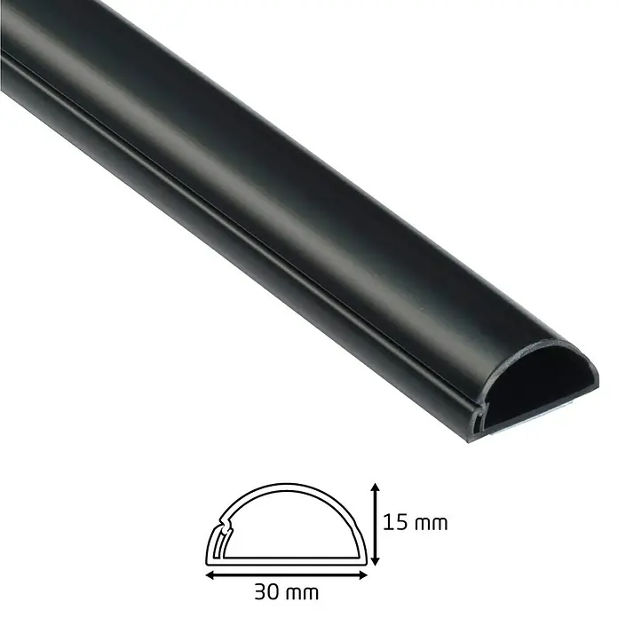 D-Line Kabelkanal Halbrund - 1 m, 30 x 15 mm, Schwarz - Schwarze Kabelführungsschiene mit halbrunder Form und den Maßen 30 mm Breite und 15 mm Höhe zur ordentlichen Kabelverlegung.