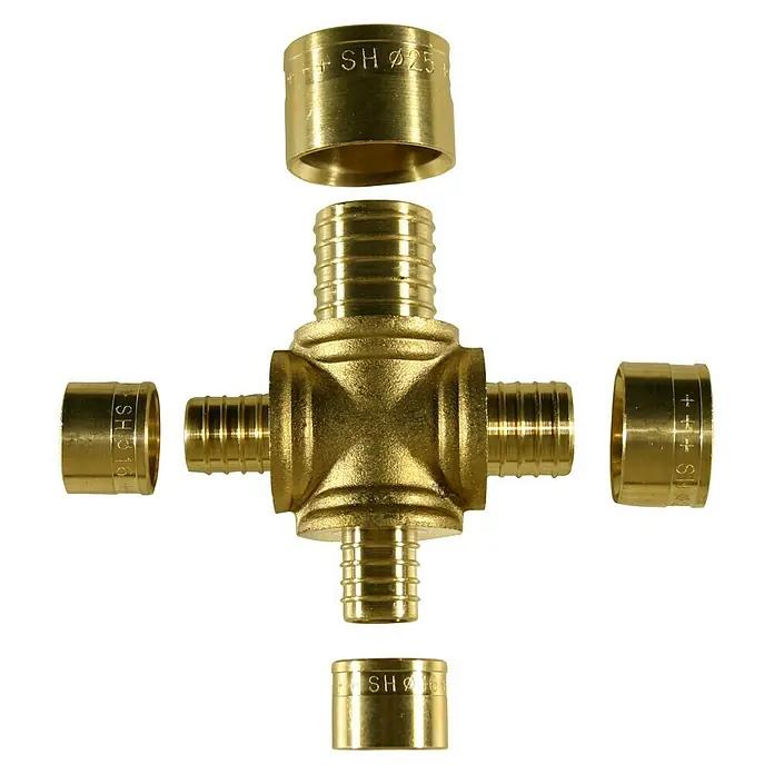 Isoltubex Distribuidor en cruz - 25 x 20 x 16 x 16 mm, Latón - Racor de tubería de latón con cuatro conexiones y manguitos correspondientes. Ideal para instalaciones de fontanería y calefacción.