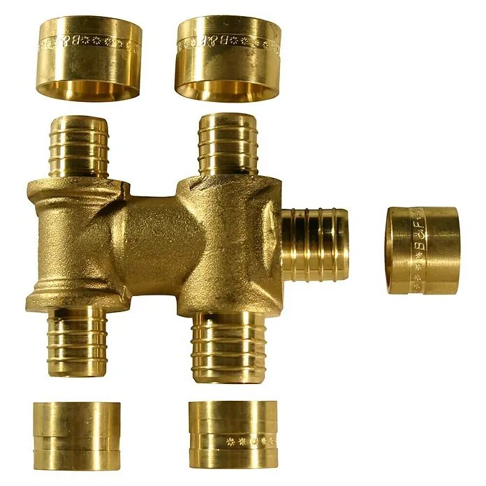 Isoltubex Distribuidor 4 salidas - 20 x 20 x 16 x 16 x 16 mm, Latón - Imagen de un racor de colector PEX con cinco conexiones y anillos de engarce para la instalación de sistemas de fontanería y calefacción.