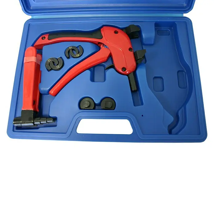 Isoltubex Prensadora de cobre Eco - 16 mm - 32 mm, Tuberías de acero inoxidable - La herramienta roja para instalar abrazaderas de manguera está en un estuche azul, junto con abrazaderas de varios tamaños.