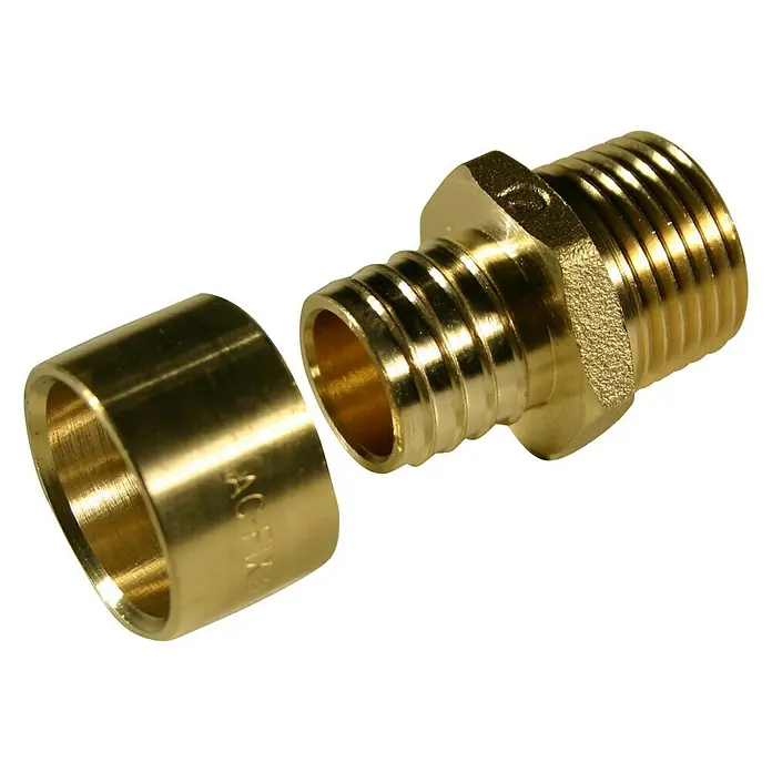 Isoltubex Enlace rosca multicapa M casquillo corredizo - 20 mm, Rosca exterior: ¾″ - Conector de PEX de color latón con un anillo de engaste, utilizado para aplicaciones de fontanería.