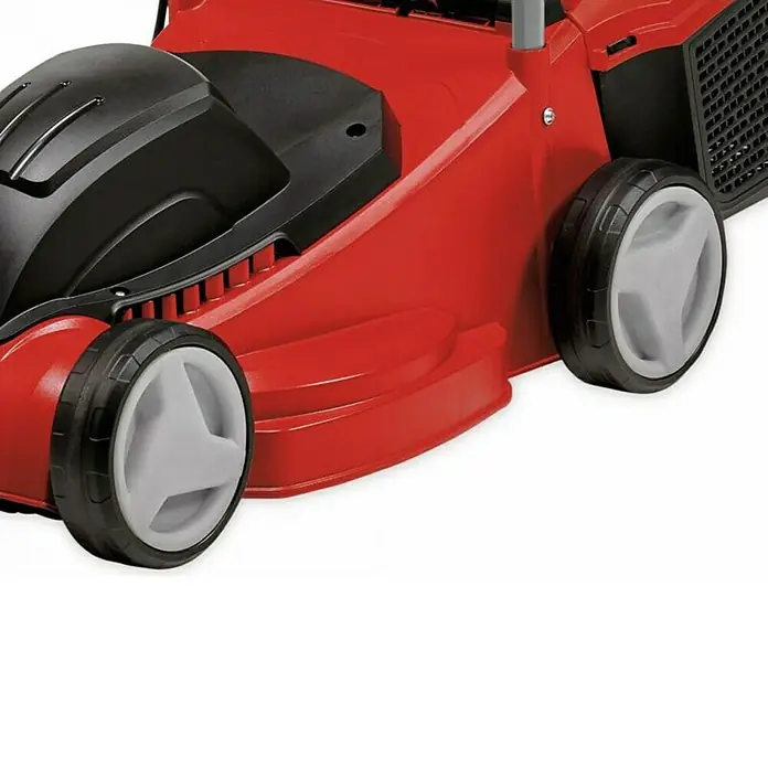 Einhell Cortacésped eléctrico GC-EM 1032 - 1.000 W, Ancho de corte: 32 cm - Primer plano de una cortadora de césped roja con detalles en negro y gris, que ofrece una vista detallada de su diseño y funcionalidad.