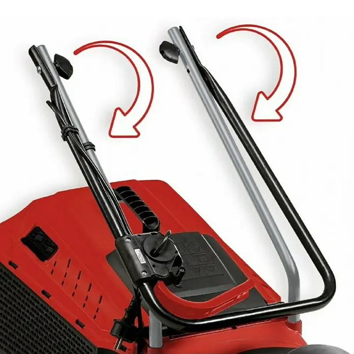 Einhell Cortacésped eléctrico GC-EM 1032 - 1.000 W, Ancho de corte: 32 cm - Primer plano del cortacésped Einhell con mango ajustable y flechas rojas que indican el movimiento rotacional.