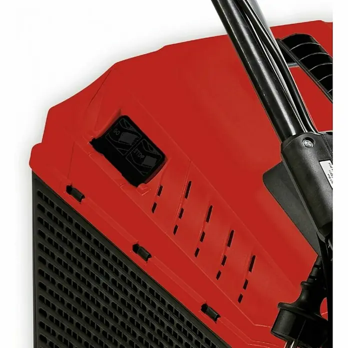 Einhell Cortacésped eléctrico GC-EM 1032 - 1.000 W, Ancho de corte: 32 cm - Detalle de un producto rojo Einhell con controles y ranuras de ventilación, mostrando diseño y funcionalidad.