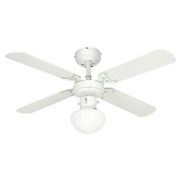 Proklima Deckenventilator Bungonia - Weiß, 105 cm, 60 W, Warmweiß - Ein weißer Deckenventilator mit vier Flügeln und einer abgerundeten Lampe in der Mitte vor einem schwarzen Hintergrund.