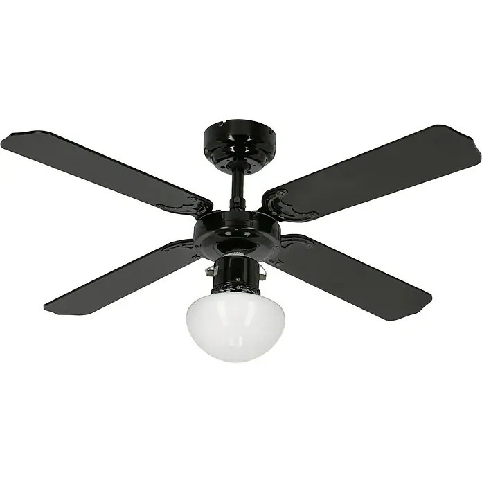Voltomat Deckenventilator Bungonia - Schwarz, 105 cm, 60 W - Schwarzer Deckenventilator mit vier Flügeln und einer runden, weißen Lampe. Elegant und funktional für jeden Raum.