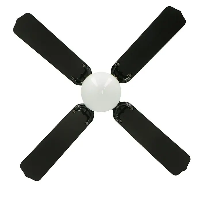 Voltomat Deckenventilator Bungonia - Schwarz, 105 cm, 60 W - Deckenventilator mit vier schwarzen Rotorblättern und einer runden, weißen Lampe in der Mitte.