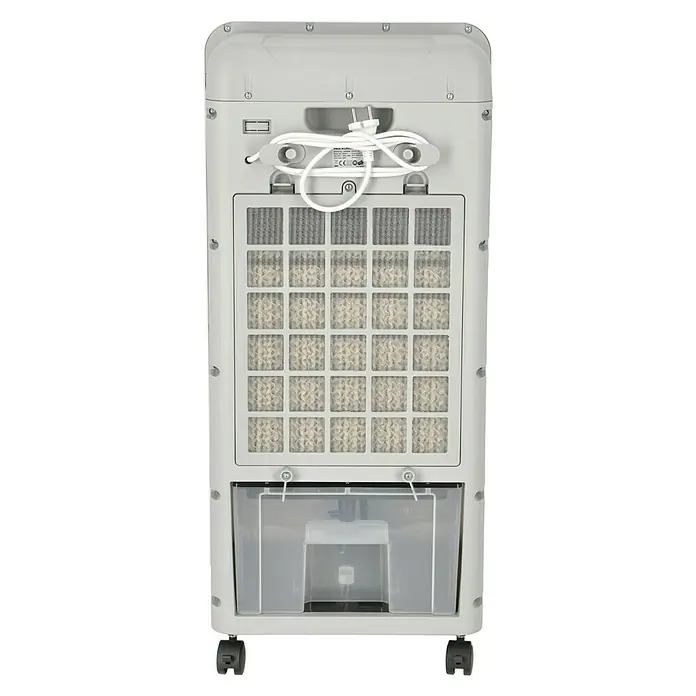 PR Klima Climatizador evaporativo 13 L - Blanco/Negro, Altura: 81 cm - Vista posterior de un enfriador evaporativo portátil con un filtro grande y un depósito de agua.