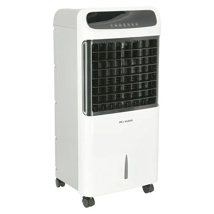 PR Klima Climatizador evaporativo 13 L - Blanco/Negro, Altura: 81 cm - Un enfriador de aire evaporativo portátil PRO KLIMA en blanco. La unidad cuenta con un panel de control negro en la parte superior y una rejilla de ventilador negra en el centro.