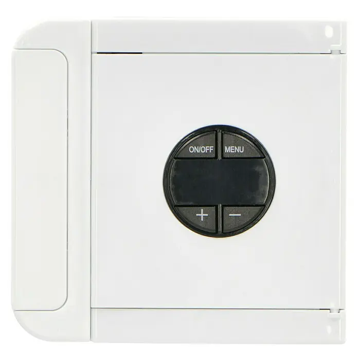 Proklima Luftkühler Mini USB - LED, 5 W - Weiße elektronische Heizungssteuerung mit zentralem Bedienfeld für Ein/Aus, Menü, Plus- und Minus-Taste zur Temperaturregelung.