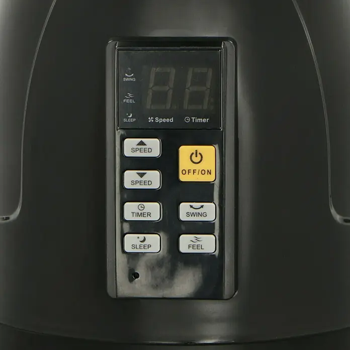 PR Klima Ventilador de pie Arizona - Negro, 81 cm, 145 cm - Primer plano del panel de control de un ventilador que muestra las opciones Swing, Speed, Timer, Sleep y Feel.