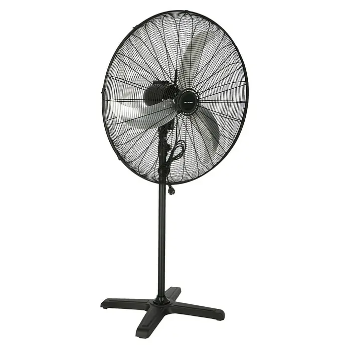 PR Klima Ventilador de pie Arizona - Negro, 81 cm, 145 cm - Un ventilador de pie negro con una rejilla protectora redonda y tres aspas, ideal para la circulación del aire en espacios amplios.