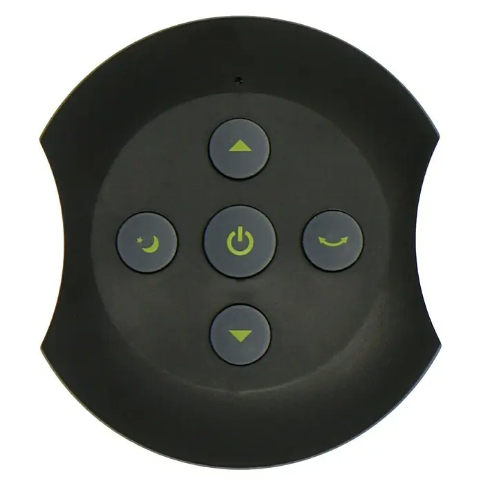PR Klima Ventilador de pie Arizona - Negro, 81 cm, 145 cm - Primer plano de un mando a distancia negro con cinco botones, usado para controlar un dispositivo.