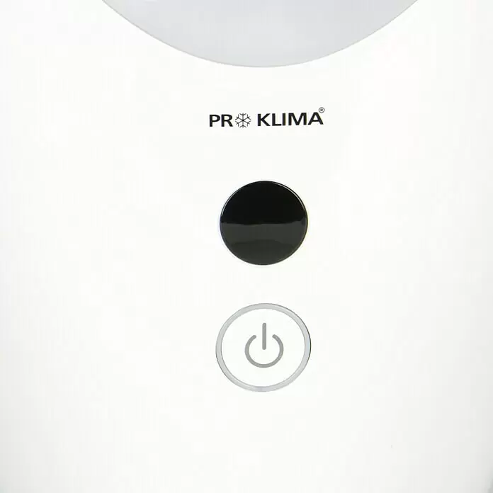 Voltomat Ventilador de torre Design - Blanco, 80 cm, 65 W - Panel de control blanco de un aparato PR KLIMA con botón negro y símbolo de encendido.