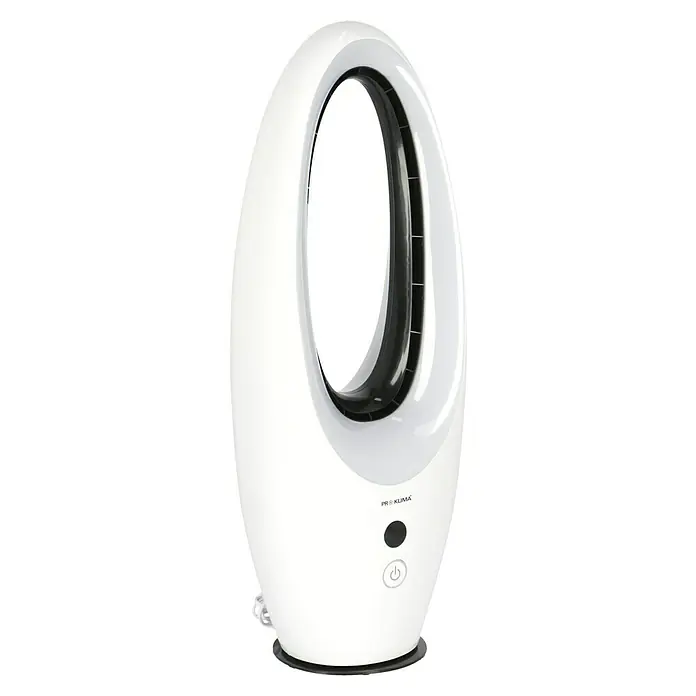Voltomat Ventilador de torre Design - Blanco, 80 cm, 65 W - Un ventilador de torre blanco y delgado de Pro Klima con un diseño ovalado sin aspas y controles en la base.