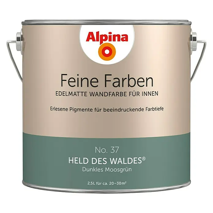 Alpina Wandfarbe Feine FarbenHeld des Waldes, Matt, 2,5 l, Konservierungsmittelfrei - Alpina Feine Farben Wandfarbe "Held des Waldes" in Moosgrün. Edelmatt, ideal für Innenräume, mit 2,5L für ca. 20-30m² Reichweite.