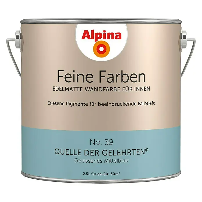 Alpina Wandfarbe Feine Farben - Quelle der Gelehrten, Matt, 2,5 l, Konservierungsmittelfrei - Farbdose Alpina Feine Farben No. 39 Quelle der Gelehrten®, edelmatte Wandfarbe für Innen, gelassenes Mittelblau, 2,5L für ca. 20-30m².