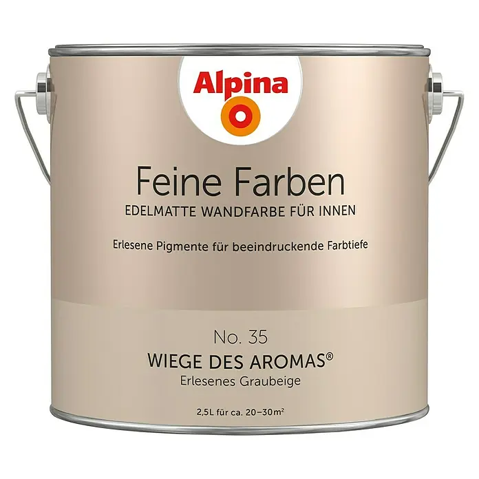 Alpina Wandfarbe Feine Farben - Wiege des Aromas, Matt, 2,5 l, Konservierungsmittelfrei - Dose Alpina Feine Farben No. 35 Wiege des Aromas, eine edelmatte Wandfarbe für Innenräume in einem erlesenen Graubeige für beeindruckende Farbtiefe.