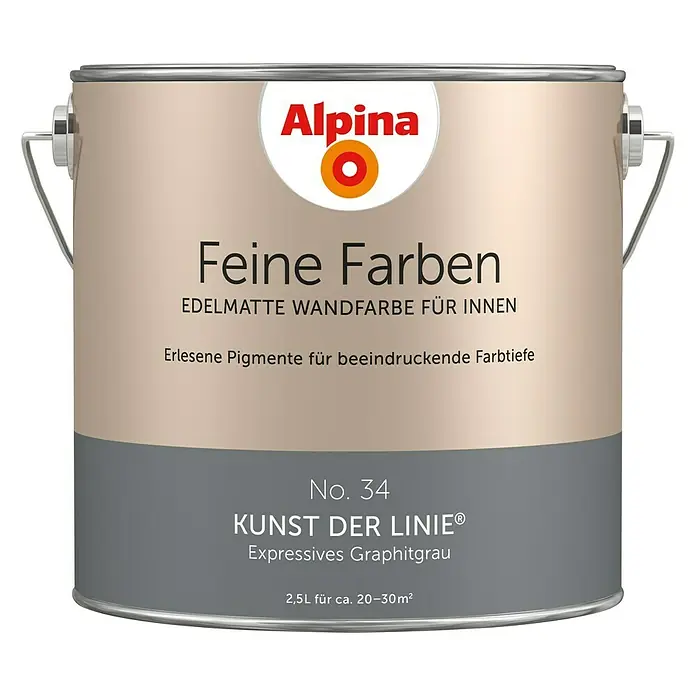 Alpina Wandfarbe Feine Farben - Kunst der Linie, Matt, 2,5 l, Konservierungsmittelfrei - Dose Alpina Feine Farben No. 34 Kunst der Linie, eine edelmatte Wandfarbe für Innen, in expressivem Graphitgrau für beeindruckende Farbtiefe.